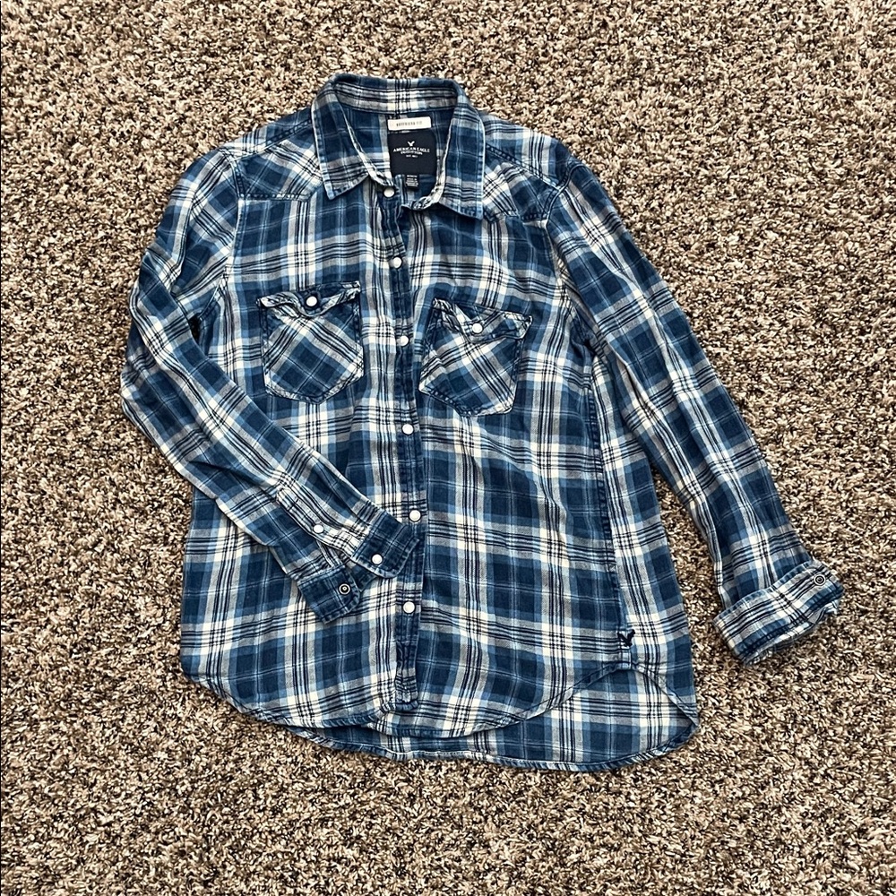 American Eagle Outfitters Blue and White Flannel Shirt